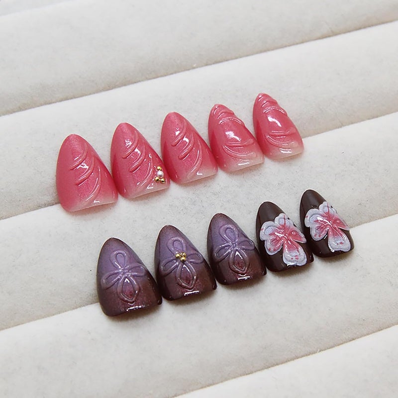 ASABITE 24 Pcs Almond Press on Nails Medium Length Fake Nails with Glue 3D Flower Nails Acrylic Nails Press ons Artificial Nails Spring Summer Glue on Nails Reusable False Nails Manicure for Women - Image 4